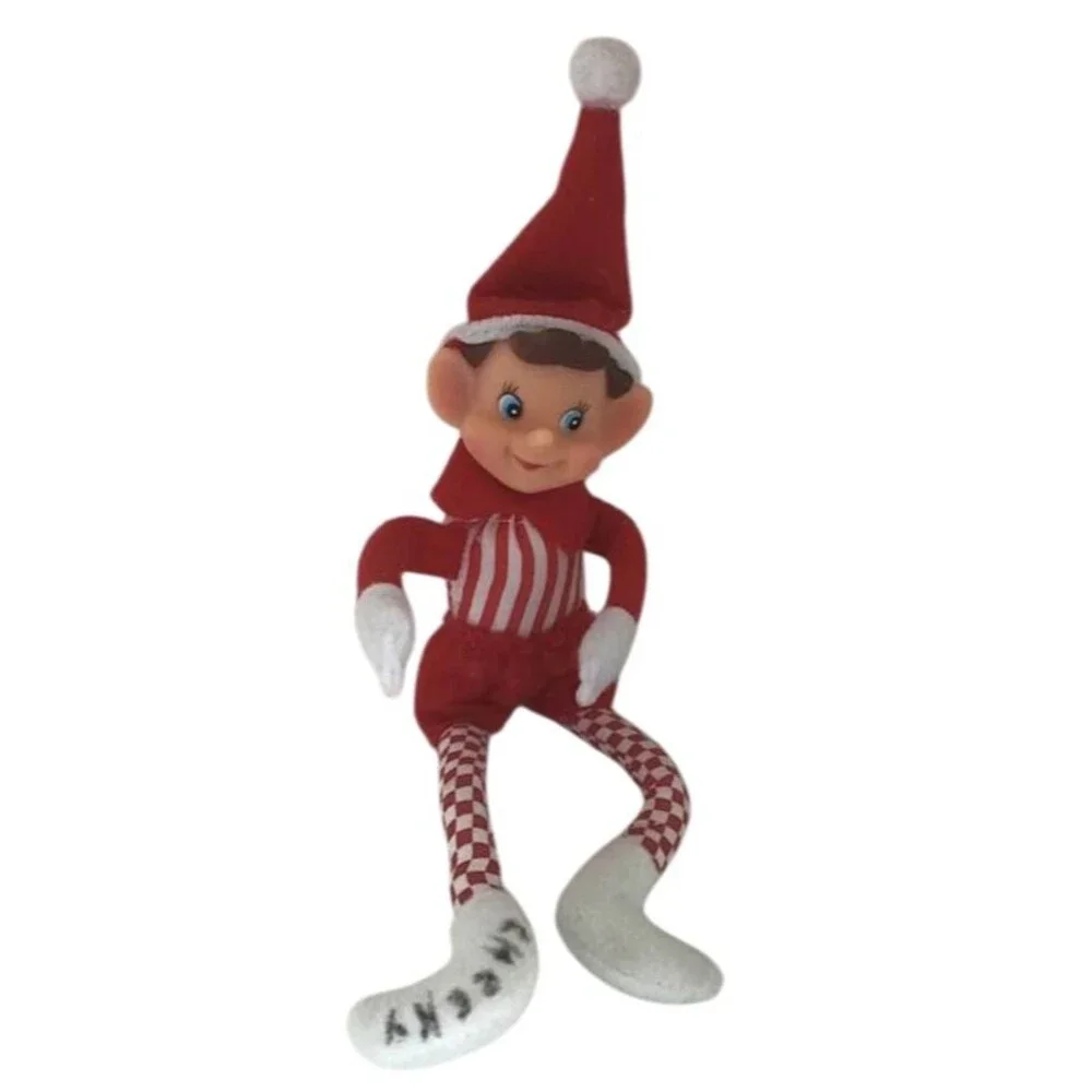 Vintage Christmas Elf Shelf Sitter Red Striped Checks White Plastic Face Stuffed